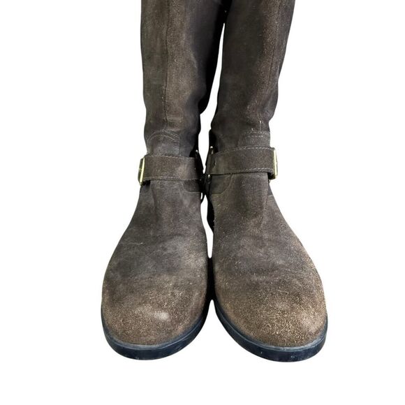 Prada Brown Mid calf Suede Biker Boots with Gold Buckle Logo EU 39 US 9 - Picture 6 of 13